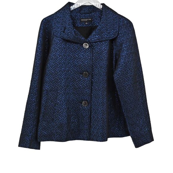 JONES NEW YORK Jacket Womens Sz S Blue Metallic Quilted Herringbone Button Front - Picture 1 of 13